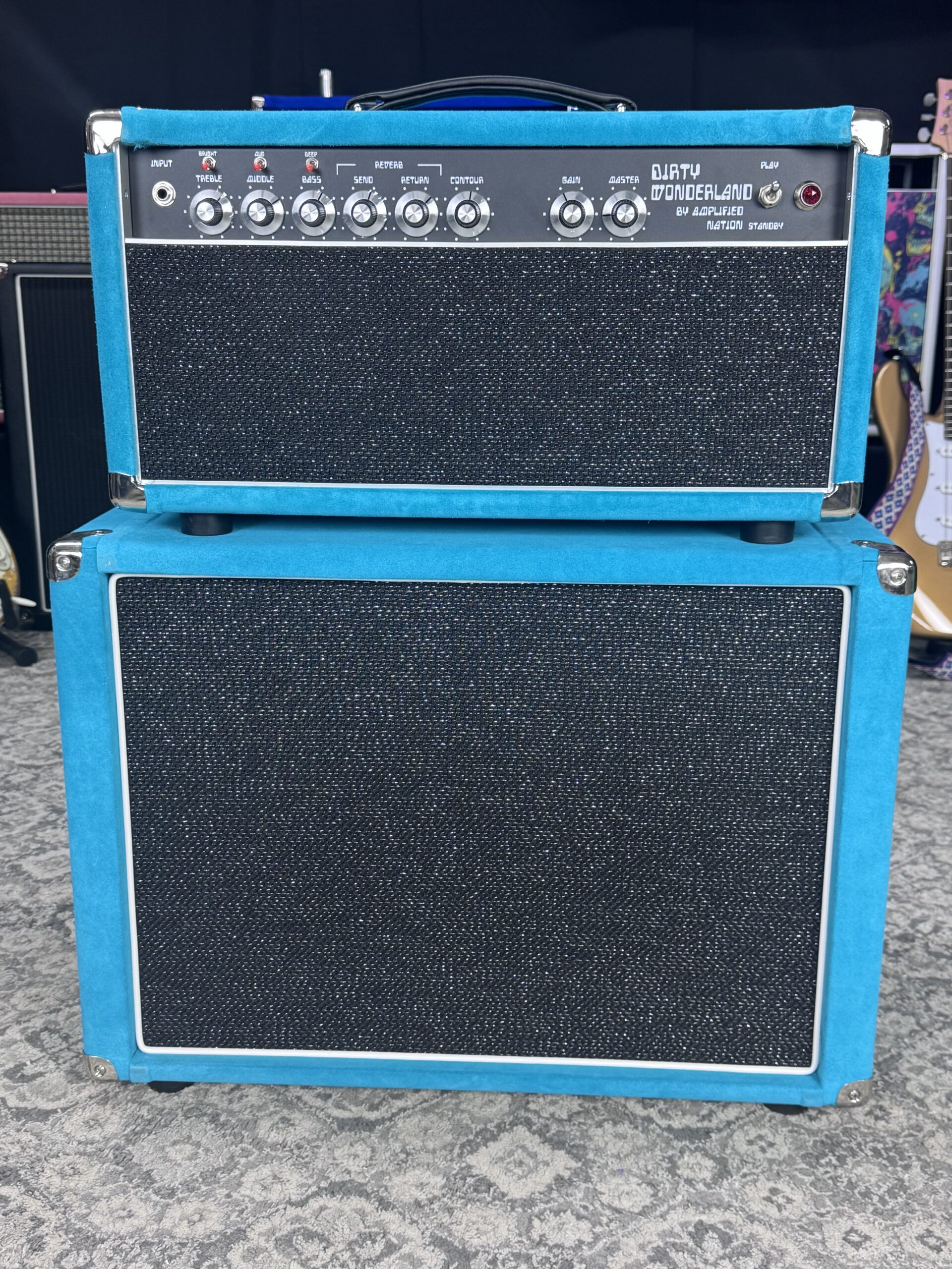 (In Stock) 50w Dirty Wonderland & 1x12 Speaker Cabinet - Jade Suede w/ Black Sparkle