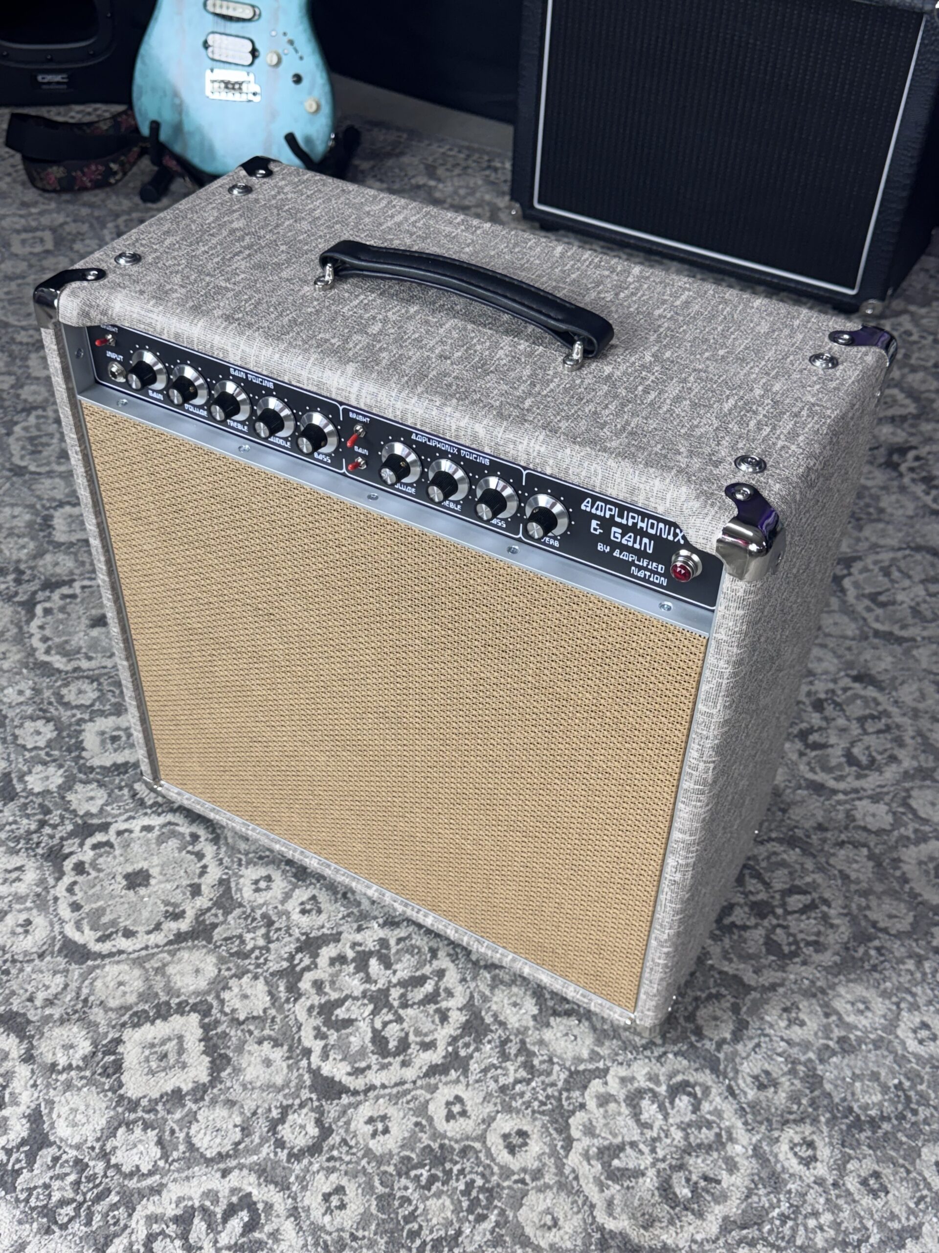 (In Stock) 50w Ampliphonix and Gain Combo - Fawn Tolex with Small Weave Cane Cloth - Image 2