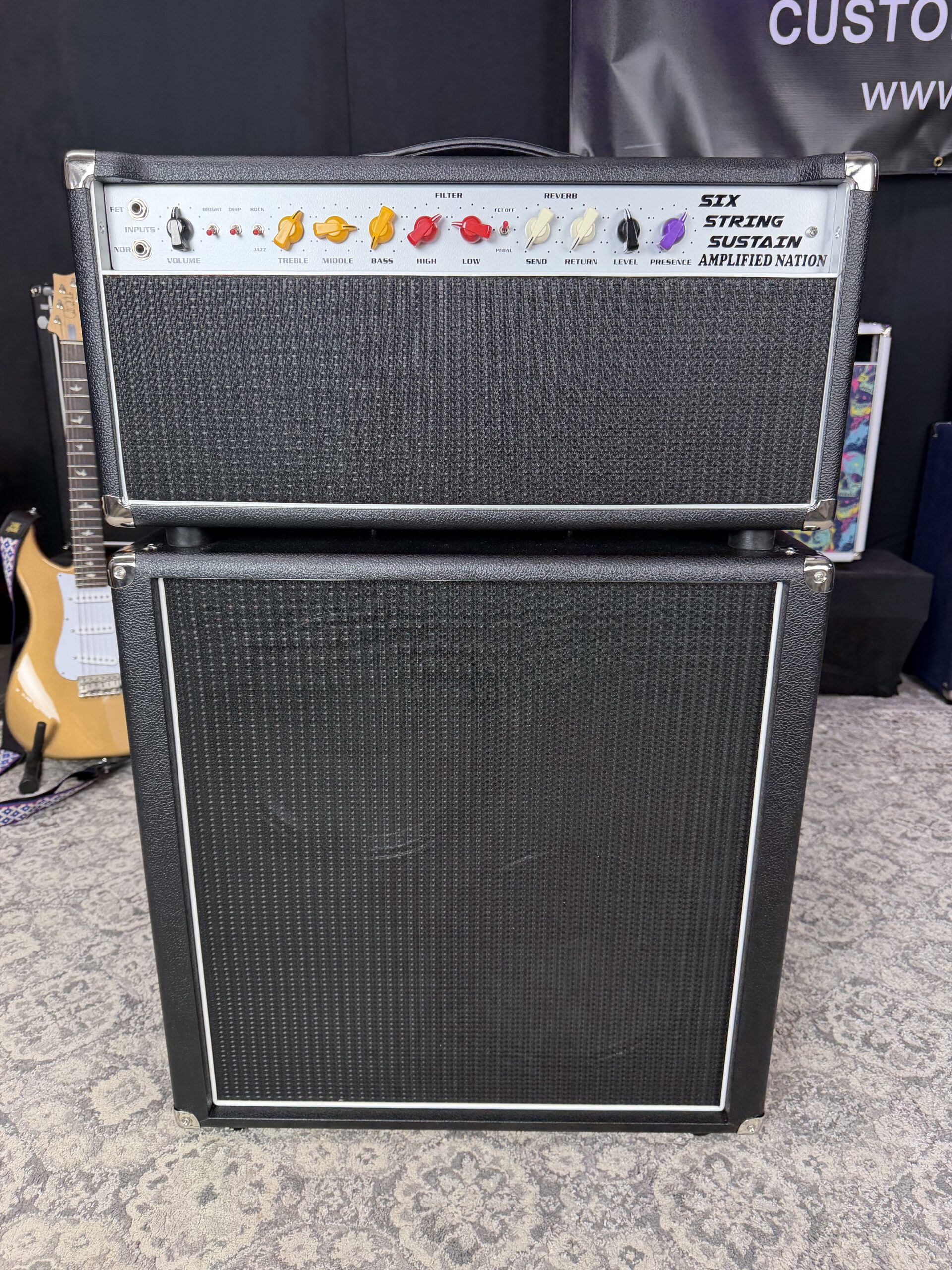(In Stock) 100w Six String Sustain DEMO - Black Tolex with Black Cloth - Silver Chassis / Multi Colored knobs + 2x12!